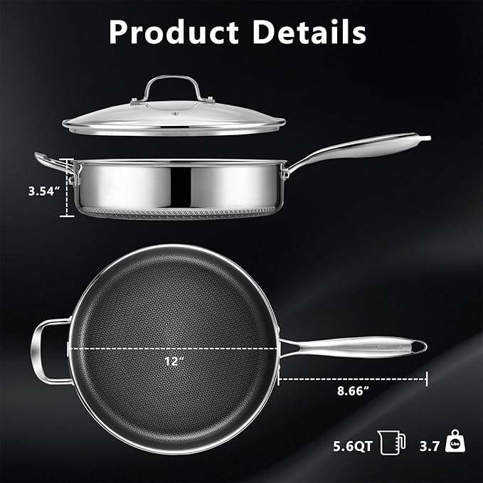 SAKAMOSH 12 Inch Frying Pan Nonstick with Lid, 5.6QT Hybrid Ceramic Deep Saute Pan & Skillet, Tri-Ply Stainless Steel for Even Heat, PFOA/PFOS Free, Induction & Oven Safe