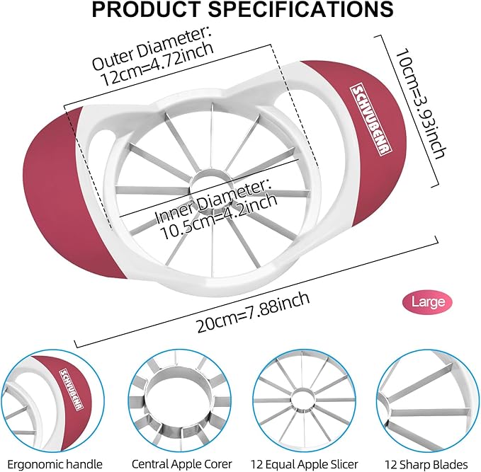 SCHVUBENR Large Apple Corer and Slicer - 4.72 Inch Apple Cutter Slicer with 12 Blades - Stainless Steel Apple Slicer - Sharp Apple Corer Tool - Anti-Slip Grip, Easy to Use & Dishwasher Safe - Pink