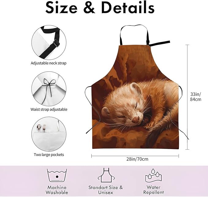 Ferret Apron,Adjustable Waterproof Oxford Fabric Kitchen Apron with 2 Pockets for Men and Women, Cooking, Baking, BBQ, Coffee Shop, Housewarming Gifts, 28x33 Inches