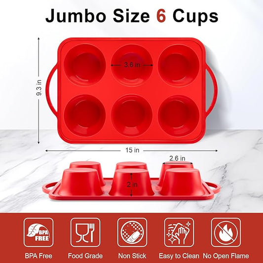 Puyeipt 2 Pack Jumbo Muffin Pans with Metal Frame, 6 Cup Large Cupcake Molds with Handles, Silicone Egg Bite Baking Trays, BPA Free & Non-Stick
