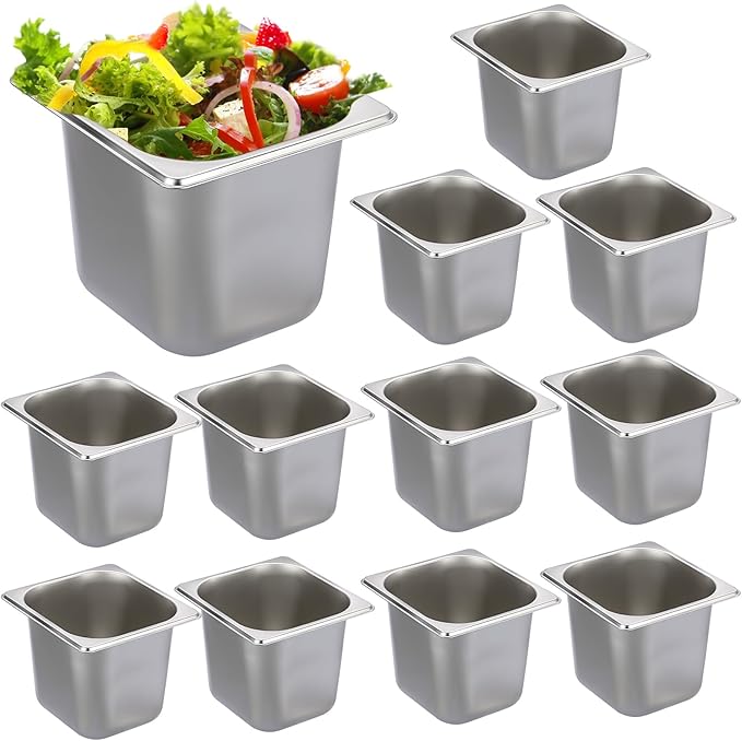 BSTKEY 12 Pack 1/6 Size 6 Inch Deep Hotel Pan, Stainless Steel Steam Table Pans, Stackable Catering Pan Commercial Food Pans for Kitchen Restaurant Buffet Party Supplies