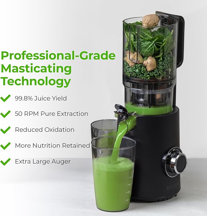 Zulay Kitchen Cold Press Juicer Machine with 5" Wide Feed Chute, Slow Masticating Juicer for Whole Fruits & Vegetables, Easy to Clean, Stainless Steel Blades, High Juice Yield - Black