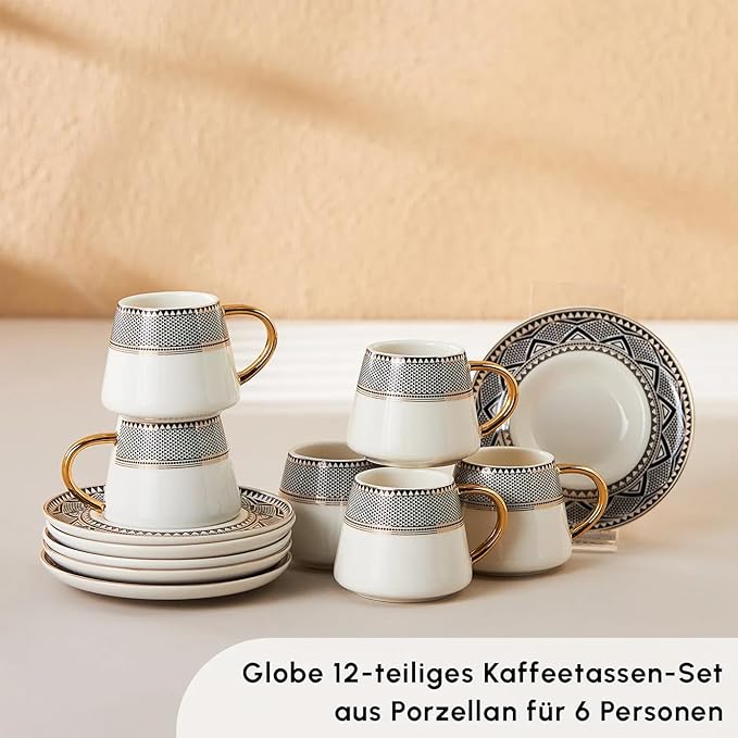 KARACA Globe Turkish Coffee Cup Set of 6, 80ml, 2.7 oz, Small Espresso Cups with Saucers, Porcelain, Black Patterns, and Gold Handles, Ideal for Serving Greek, Arabic Coffee