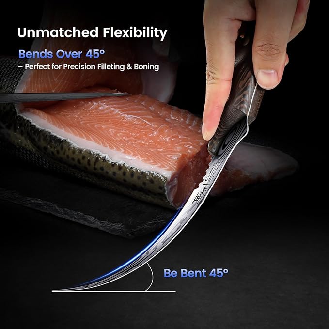Fillet Knife, Razor Sharp 7.2 Inch Boning Knife, High Carbon Stainless Steel Filet Knives with High Flexibility, Wooden Handle, Full Tang Damascus Pattern Fishing Knives, Christmas Gift