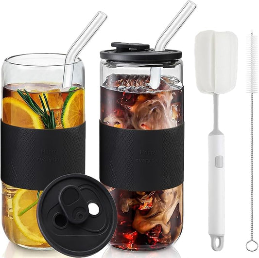 20oz Can Shaped Glass Cups with Silicone Lids and Glass Straws, 2PCS Drinking Glasses with Lids and Straws, and Silicone Sleeves, Beer Glasses, Iced Coffee Cups, Soda, Gift - Black