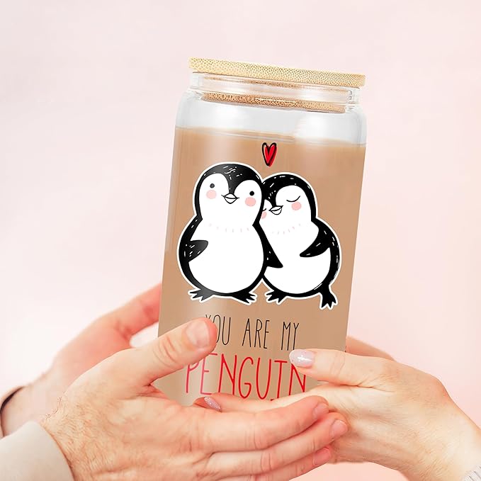 Valentines Cups Gifts for Her Women, 16Oz Hearts Cup Glass with Lid and Straw, Love Glass Cups for Couple Girlfriend, Cute Unique Gifts for Girlfriend Her Women Valentine’s Day
