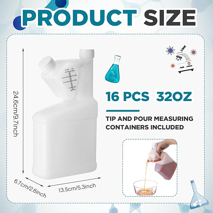 16 Pcs 32oz Tip Measure Containers Tip and Pour Measuring Containers Chemical Measuring Cups with Lids Plastic Bottle, up to 4oz Capacity (32oz)