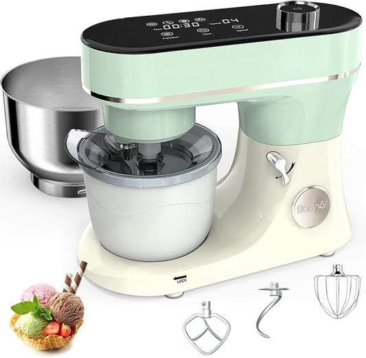 Bonnor Stand Mixer Set, 6QT Kitchen Mixer with LED Touchscreen, 11-Speed Tilt-Head Mixer with Timer, 4 Preset Menus, Stainless Steel Bowl, Dough Hook, Whisk, Beater,Plus 2QT Ice Cream Maker Attachment
