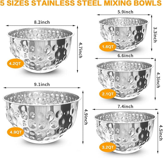 5 Pack Stainless Steel Mixing Bowls Set, Hammered Silver Finish, Nesting Design Metal Salad Bowls Set, 1.6-4.9 QT Capacity, Dishwasher Safe for Cooking, Serving, Food Containers Meal Prep Kit, No Lid