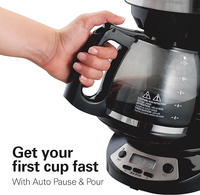 Hamilton Beach 12 Cup Programmable Drip Coffee Maker, Brew Options, Glass Carafe (46299), Black with Stainless Accents