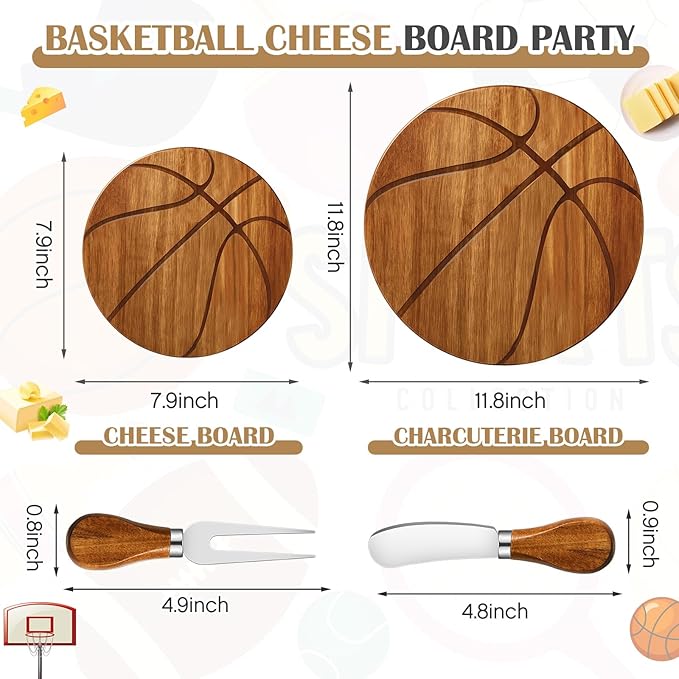 Ziliny Basketball Cheese Board Gift Set Party Favor Prizes Charcuterie Wood Board with Knives and Box Father Day Gift for Dad Grandpa Party Tournament Game (Acacia Wood, Basketball)