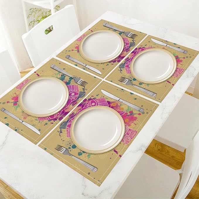 Mandala Placemats Set of 4 Boho Abstract Elephant Indian Ethnic Art Printed Dining Table Mats for Restaurant Home Kitchen Holiday Picnic Party Decor 12x18in