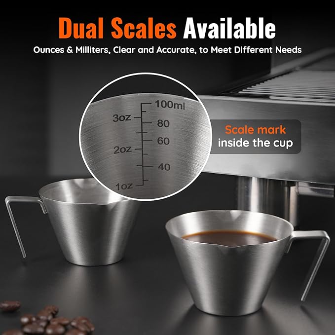 YARRAMATE 10 Pcs Stainless Steel Espresso Cups with Handle, Double Spout Metal Measuring Cup with Dual Scale, Espresso Shot cup with V-Shaped Mouth, 3.4OZ/100ML(Silver)