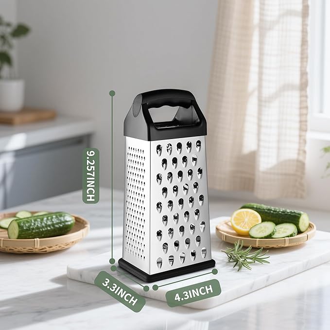 Cheese Grater, 9 IN Size 4-Sided Stainless Steel Grater, Food Shredder for Cheese, Parmesan, Vegetable, Dishwasher Safe, Black