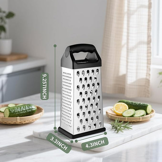 Cheese Grater, 9 IN Size 4-Sided Stainless Steel Grater, Food Shredder for Cheese, Parmesan, Vegetable, Dishwasher Safe, Black