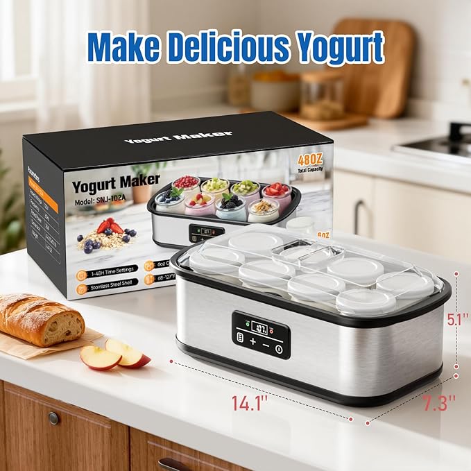 Yogurt Maker with Adjustable 48H Time & Temp Control, Digital Yogurt Maker Machine with 8×6oz Glass Jars, Make Healthy Yogurt for Family, Pecfcet Gifts for Friends