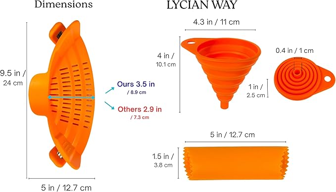 Clip on Strainer Silicone for All Pots and Pans, Colander, Pot Strainer for Pasta, Meat, Vegetables, Space Saving Design, Food-Safe with Collapsible Funnel, Garlic Peeler, 3 Pack (Orange)