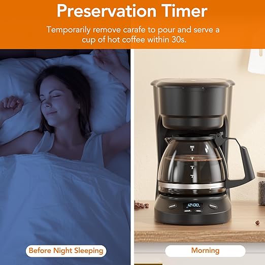Electactic Compact 5-Cup Programmable Drip Coffee Maker — the essential coffee machine with Digital Clock, 24-hour Timer, Auto Shut-Off, and a Removable Filter Basket for Home & Office.