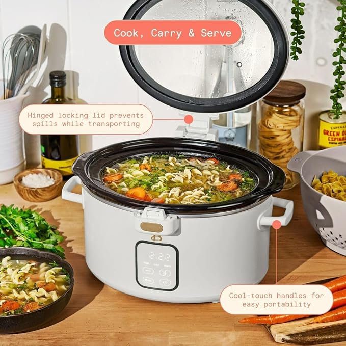 Beautiful by Drew 4.0-Quart Programmable Slow Cooker with Hinged Lid, Digital Timer, Keep Warm Function, Removable Stoneware Pot, Stainless-Steel Accents