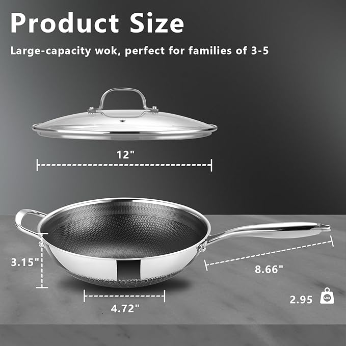 SAKAMOSH Hybrid 12 Inch Wok Pan with Lid, 5QT Stainless Steel Deep Woks & Stir-fry Pans with Flat Bottom, Stay-Cool Handle, Induction & Dishwasher & Oven Safe, Non Toxic, PFOA Free Skillet Cookware