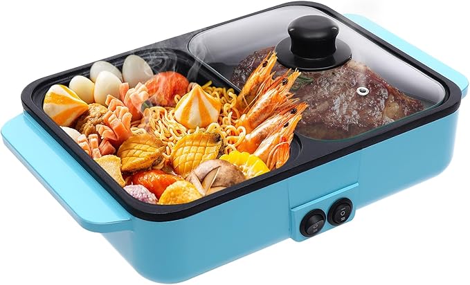 Electric Hot Pot With Grill, 2-in-1Non-Stick Pan For Boiling & Frying with 149°F to 482°F Two Temperature Settings, Electric Hot Pot With Grill for Korean BBQ, Steaks, Shabu Shabu and Noodles (Blue)