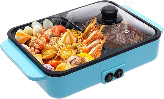 Electric Grill Hot Pot 2 in 1 Indoor Smokeless Hotpot Pot Electric Cooker Electric Hot Pot with Grill with Divider-Separate Dual Temperature Contral Korean BBQ Grill (Blue)
