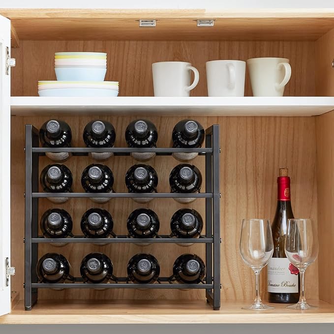 IBUYKE Wine Racks Countertop, 4 Tiers Metal Wine Rack,Wine Rack Freestanding Storage 16 Bottle Capacity, for Home Kitchen, Pantry, Wine Cellar, Bar, Black UTMJ903H