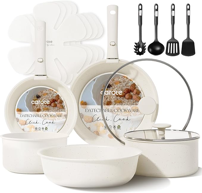 CAROTE 17pcs Pots and Pans Set, Nonstick Cookware Set Detachable Handle, Induction Kitchen Cookware Sets Non Stick with Removable Handle, RV Cookware Set, Oven Safe