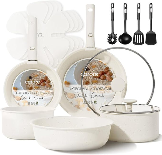 CAROTE 17pcs Pots and Pans Set, Nonstick Cookware Set Detachable Handle, Induction Kitchen Cookware Sets Non Stick with Removable Handle, RV Cookware Set, Oven Safe