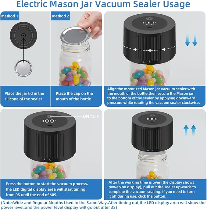 Electric Mason Jar Vacuum Sealer Kit,Rechargeable Ball Jar Sealer Vacuum for Regular Mouth and Wide Mouth Mason Jars,Used for Canning Jars and Food Storage