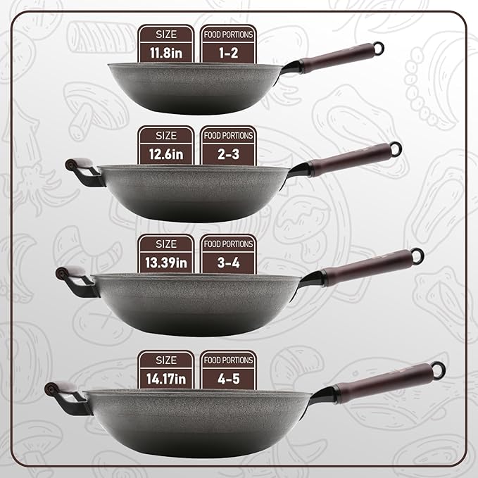 HONGJIANG Cast Iron Wok Pan with Lid, 12.6" Pre-Seasoned Flat Bottom Wok, Coating-Free Wok Stir Fry Pan, Compatible Traditional Chinese Wok for Induction, Electric, Gas, Open Fire