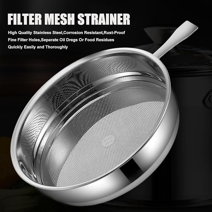 Bacon Grease Container With Removable Strainer Snug Lid Coaster Tray Stainless Steel Oil Container with Handle for frying oil bacon drippings Cooking Grease 1.3L(46 fl. oz.) (Style C)