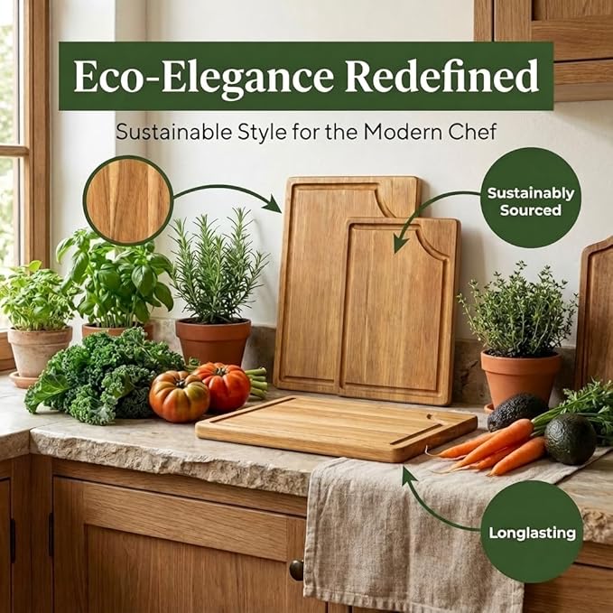 3-Piece Wooden Cutting Board Set with Juice Grooves, Mango Wood Chopping Boards for Kitchen Prep and Charcuterie Serving, Eco Friendly Multi Size Cutting Boards with Built-in Handles (Natural)