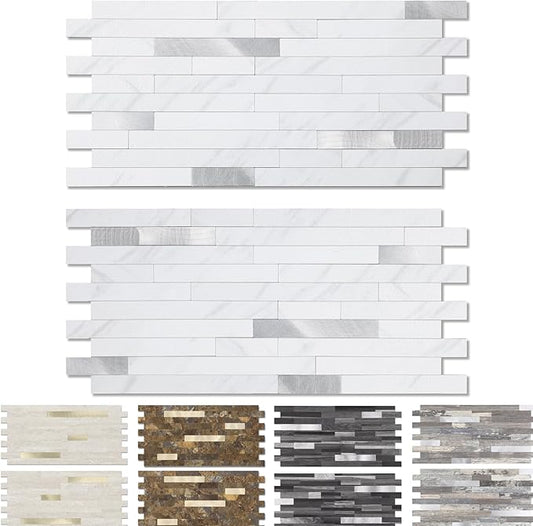 Yipscazo 40 Sheets Peel and Stick Stone Metal Backsplash, PVC Wall Tiles Stick on Tiles for Backsplash Kitchen, Bathroom, Fireplace (6'' X 12'', Jazz White)