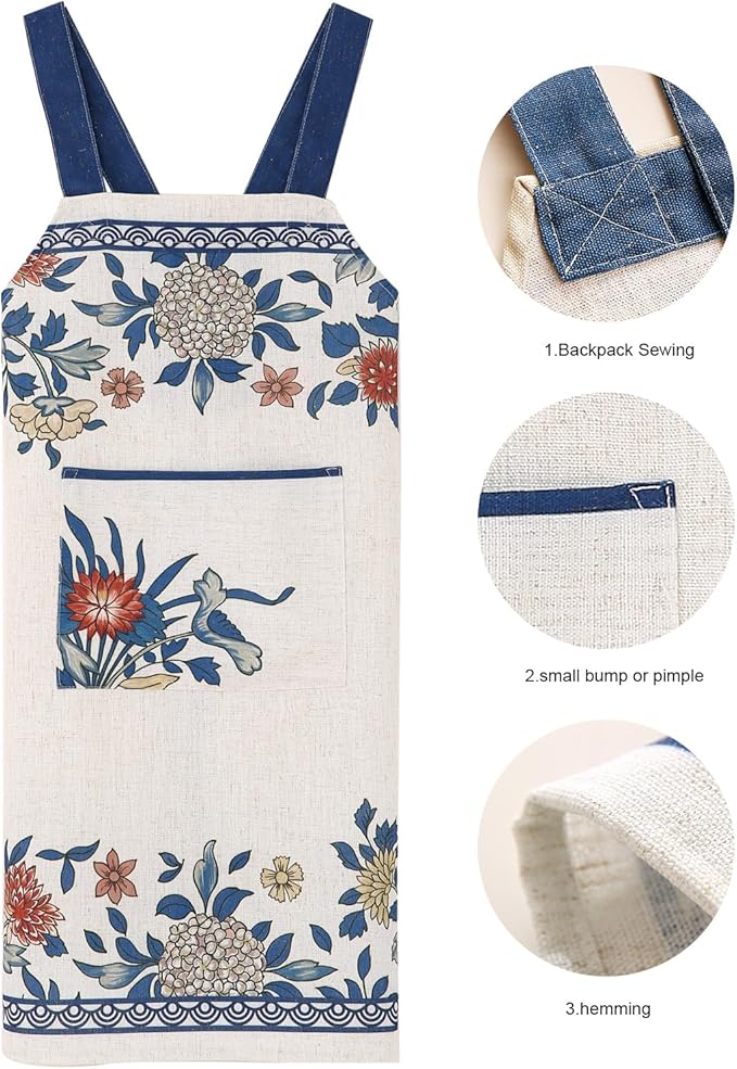 patdrea Blue Floral Linen Apron with Pocket,French Kitchen Garden Chef BBQ Aprons for Women and Men,Crisscross Back Straps