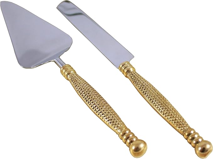 Server Set, Cake, Pie, Desert Flatware Set, String of Beads Design, 2-piece 18/10 Stainless steel with brass handles (light antique gold finish)…