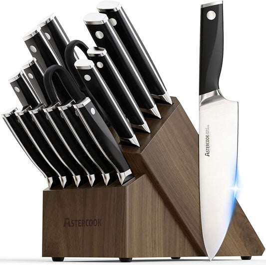 Astercook Knife Set, Kitchen Knives Set with Block and Sharpener Full Tang 17 Pcs German Stainless Steel Knives Sharp Blade Dishwasher Safe Premium Knife Set with Anti-slip Ergonomic Handle, Black