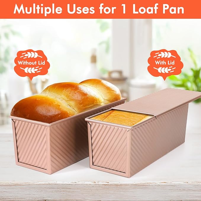 Beasea Pullman Loaf Pan with Lid, 2 Pack 2 lb Large Bread Loaf Pans 12x4inch Nonstick Carbon Steel Toast Box with Dough Scraper Set for Homemade Bread Bakeware Oven Baking - Rose Gold