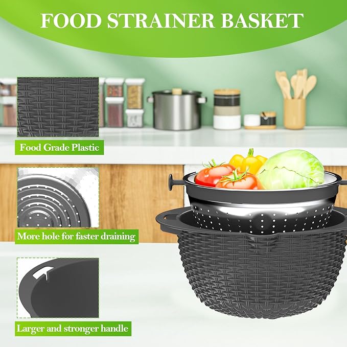 4-1 Colander with Mixing Bowl Set - Strainer With Bowl, Pasta And Rice Strainer, Strainer And Colanders, Fruit Cleaner, Veggie Wash, Salad Spinner, Apartment Essentials Kitchen Gadgets - Grey