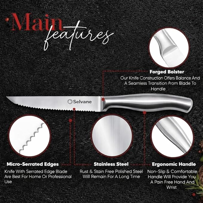 Steak Knives Set of 4, Rust Free Stainless Steel Steak Knife Set with Sharp Serrated Edge and Non Slip Handle