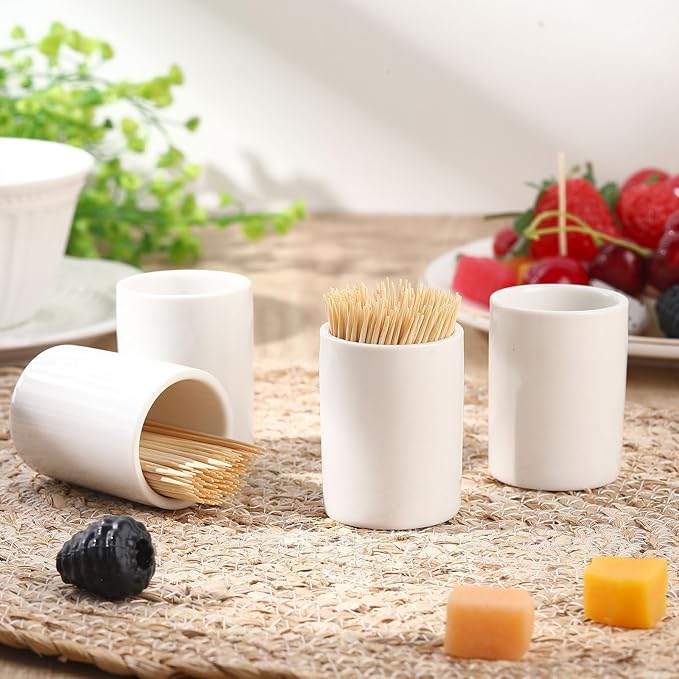 Mimorou 4 Pcs White Ceramic Toothpick Holder Simple Ceramic Toothpick Dispenser Container for Home Charcuterie, Easy to Clean(Round)