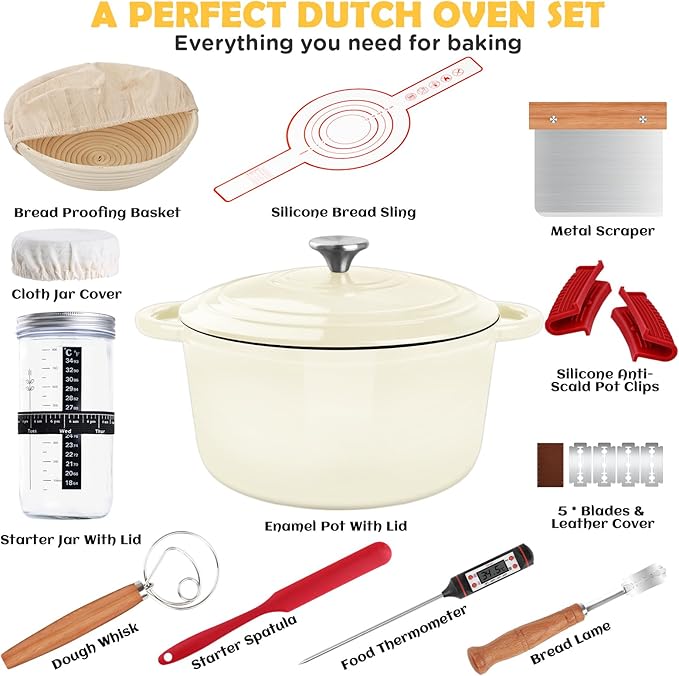 Enameled Cast Iron Dutch Oven Pot with Lid, Incl. Sourdough Bread Baking Supplies Like Banneton Bread Proofing Basket, Starter Jar, Scoring Tool Lame, 5QT Dutch Oven for Bread Baking, Oven Safe up to 500°F