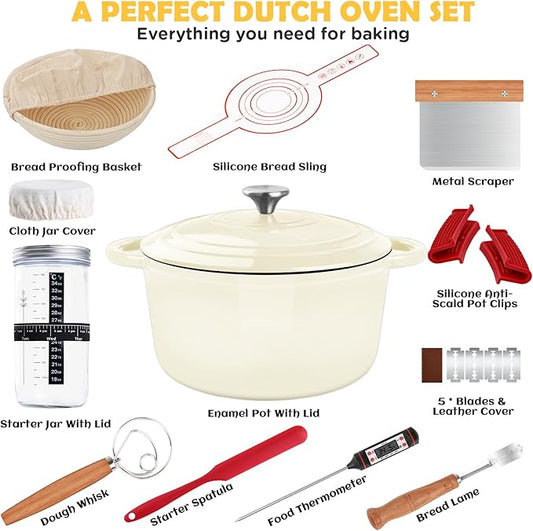 Enameled Cast Iron Dutch Oven Pot with Lid, Incl. Sourdough Bread Baking Supplies Like Banneton Bread Proofing Basket, Starter Jar, Scoring Tool Lame, 5QT Dutch Oven for Bread Baking, Oven Safe up to 500°F