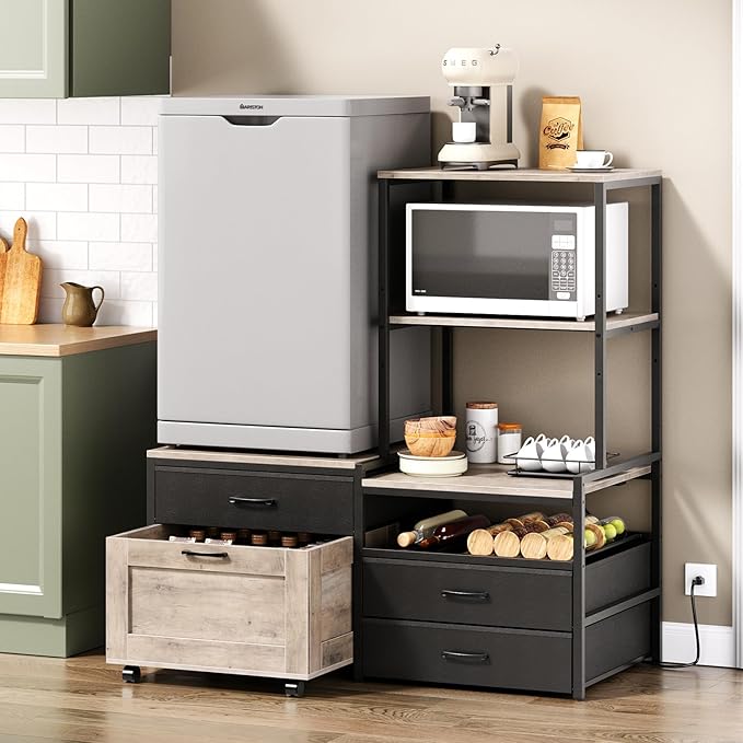 Mini Fridge Stand with Wine Rack, Kitchen Bakers Rack with Power Outlet, Microwave Oven Stand, Coffee Bar, Movable Drawers, for Dorm,Office, Grey HB04BXZ