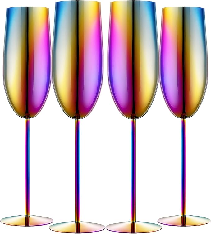 Stainless Steel Champagne Flutes Set of 4-Wedding &Birthday Gifts,8.5 Oz Unbreakable Champagne Glass with Long Stem,Reusable Indoor Outdoor Drinkware (Colorful)