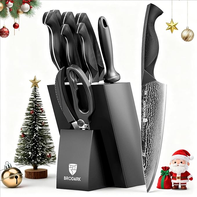 BRODARK Knife Set, Damascus Kitchen Knife Set with Block, 9 Pieces Sharp Professional Japanese Chef Knives with Ergonomic Full-Tang ABS Handle for Home, Restaurant -Christmas Gift, Dark Horse Series