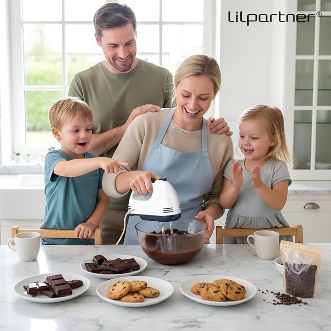 LILPARTNER Hand Mixer Electric, Small Food Mixer 7 Speeds Handheld Blender,304 *(1* Whisk, 2* Beater, 2*Dough Hook) Kitchen Blender for Cream, Cookies, Dishwasher Safe, White