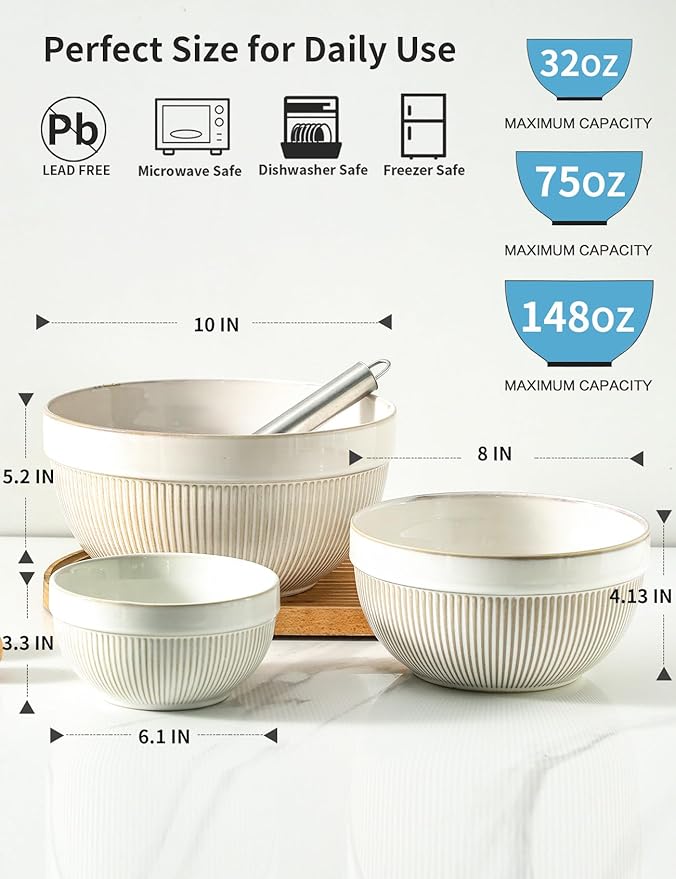 Large Ceramic Mixing Bowls, Yellow Kitchen Bowl (10"/8"/6"), Set of 3 Nesting Bowls for Baking, Cooking, Serving, Prepping, Dough Kneading, Microwave and Dishwasher Safe