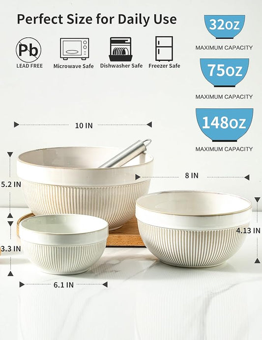 Large Ceramic Mixing Bowls, Yellow Kitchen Bowl (10"/8"/6"), Set of 3 Nesting Bowls for Baking, Cooking, Serving, Prepping, Dough Kneading, Microwave and Dishwasher Safe