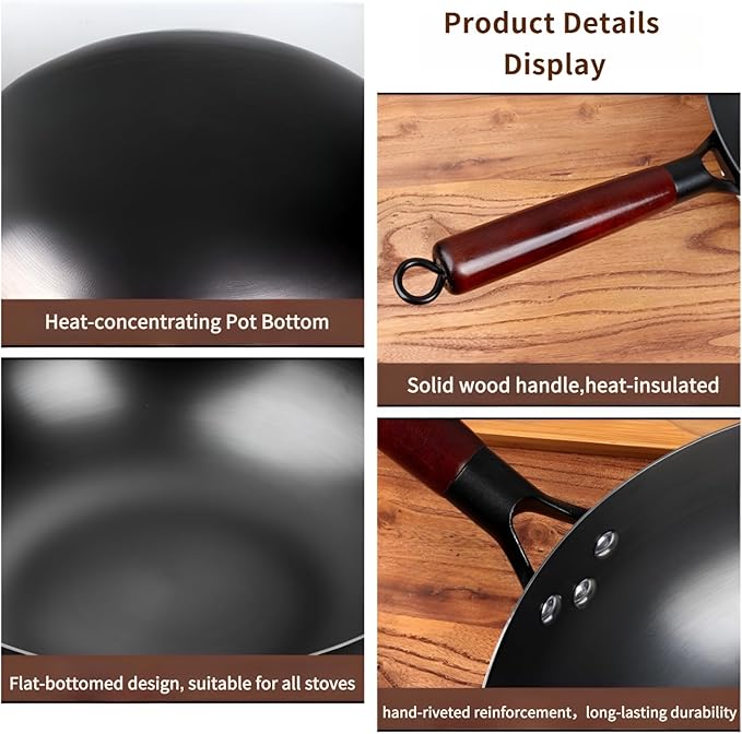 Calmabode Uncoated Carbon Steel Wok with Wooden Handle (13 Inch) - Traditional Chinese Stir Fry Pan for High Heat Cooking, Non-Toxic, Easy Cleanup, Induction & Stovetop Compatible with Hanging Loop